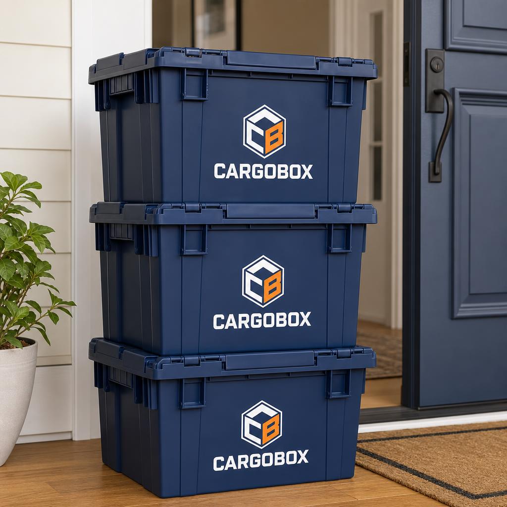 Stack of reusable navy and orange moving crates with a dolly